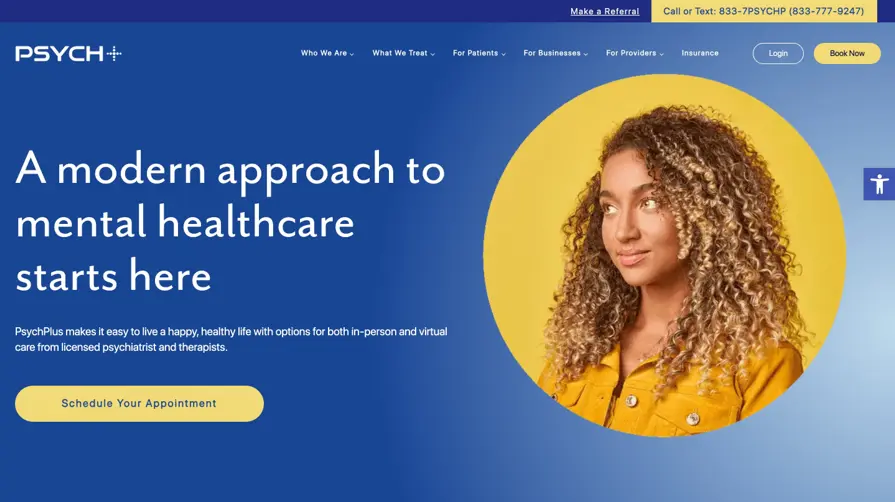 PsychPlus, Telehealth Platform homepage
