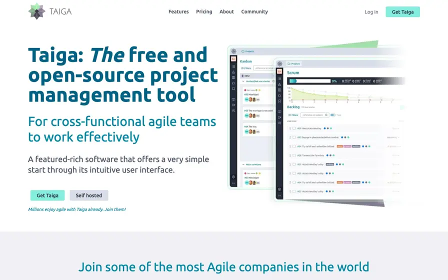 Taiga, Open-Source Agile Project Management homepage